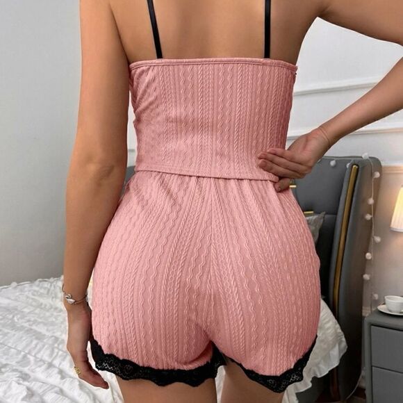 Contrast Lace Top and Shorts Pajama Sleepwear Set - Picture 2 of 9